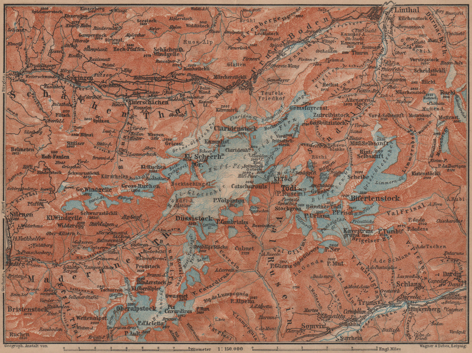 TÖDI DISTRICT. Glarus Alps Linththal Bifertenstock Claridenstock 1899 old map